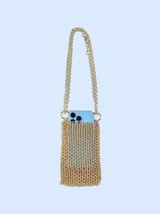 Handmade golden chainmail crossbody phone bag with hollow mesh design and metallic strap