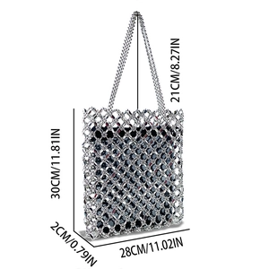 Detailed dimension chart for silver sequin beaded tote bag showing width and handle height