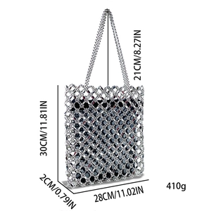 Detailed size chart for silver sequin tote bag showing height width and handle measurements