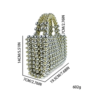 Detail view of woven beaded handbag with dimensions of 19.5cm length and 14cm height