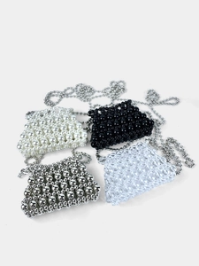 Women's Mini Beaded Crossbody Bag Fashion Metallic Style Niche Handwoven Shell Shaped Evening Party Lipstick Bag With Silver Ball Chain