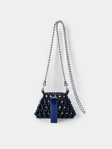Elegant black beaded mini crossbody bag with silver pearl chain and sleek metallic finish
