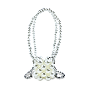 Detail van handgemaakte mini-pareltas met zilveren kralen crossbody metalen ketting