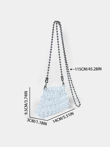 Mini metallic acrylic beaded crossbody bag with pearl chain and precise size measurements