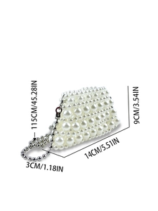 Mini pearl beaded handbag with silver metal chain and dimension measurements in cm and inch