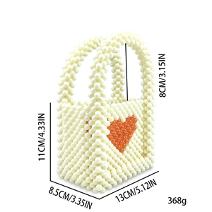 Mini beaded pearl handbag dimensions 13x11x8.5cm with red heart and 8cm handle