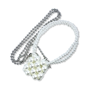 Detailweergave van de geweven parel-minitas met elegante zilveren kralen schouderketting