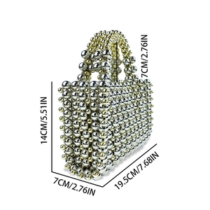 Silver beaded handbag dimensions 19.5x14x7cm with detailed metal bead weaving texture