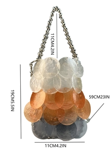 Handmade woven shell bag with colorful sequins and silver beaded chain handle