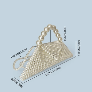 Detailed view of handmade triangular pearl evening bag with precise dimension markings