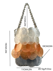 Detailed dimensions of the woven sequin bag with silver chain and shell-like texture