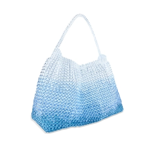 Close-up of blue and white gradient handmade beaded bag showing acrylic beads texture