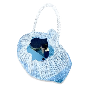 Light blue beaded handbag showing internal storage with makeup and smartphone inside