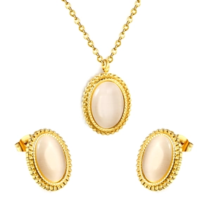 Gold stainless steel jewelry set with oval cat eye stone necklace and earrings