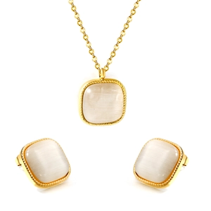 Parure collier et boucles d'oreilles vintage en œil de chat doré avec bordure torsadée