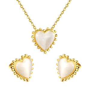 Golden stainless steel heart pendant necklace and earrings set with white cat eye stones