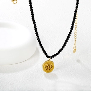 Gothic 18k gold plated stainless steel necklace with spider web pendant and black beads