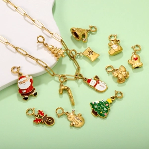 DIY Christmas jewelry set with gold chain and colorful enamel festive charms