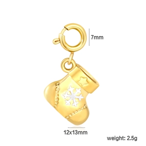 Detailed view of Christmas stocking charm with white snowflake and metal lobster clasp