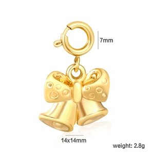 Detailed view of golden bell pendant with bowknot including dimensions 14x14mm and weight