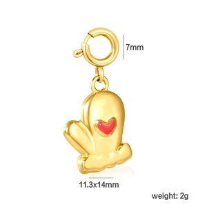 Detail of gold glove pendant with red heart, 11.3x14mm size and 7mm spring ring clasp