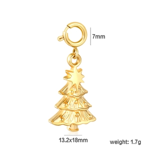 Detail of a gold Christmas tree pendant showing dimensions 13.2x18mm and 1.7g weight