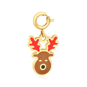 Golden reindeer Christmas pendant with red antlers and spring clasp on white background