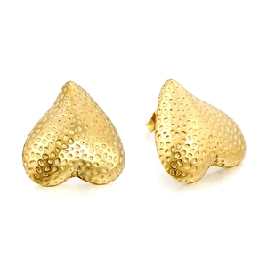 Gold-plated heart stud earrings with unique hammered texture and 3D metallic finish