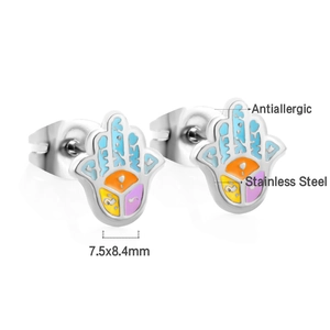 Detail of colorful Hamsa Hand stainless steel earrings with 7.5x8.4mm dimensions