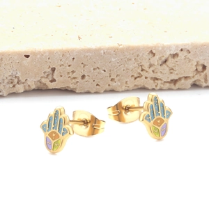 Detailed close-up of golden Hamsa Hand earrings with colorful enamel and butterfly backs