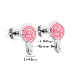 Detailed view of 6x10.3mm pink lollipop stud earrings in antiallergic stainless steel