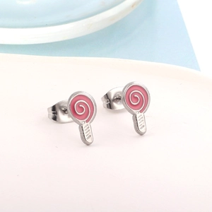 Macro shot of pink enamel lollipop stud earrings with silver-tone stainless steel base