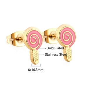 Detail of pink lollipop stud earrings with dimensions 6x10.3mm in gold plated steel