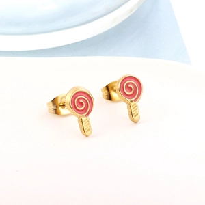 Detail of sweet lollipop stud earrings with red and pink enamel swirl on gold steel
