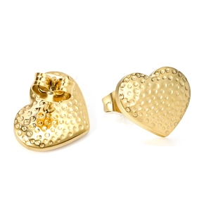 Minimalist gold-plated heart stud earrings with hammered texture and butterfly backs