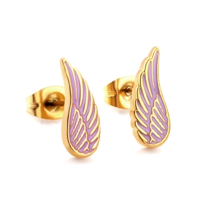Minimalist gold-plated wing stud earrings with purple enamel feathers on a white background