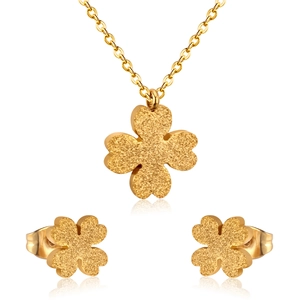 Four Leaf Clover Necklace And Stud Earrings Stainless Steel Frosted Texture Elegant Commuter Jewelry For Women