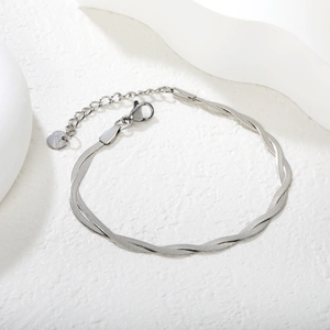 Minimalist double layered silver stainless steel snake chain bracelet with logo charm