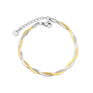 Two-tone stainless steel twisted herringbone snake chain bracelet with lobster clasp