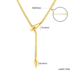 Detail of gold snake chain necklace with dimensions, featuring flat link and clasp details