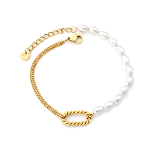 Bracelet en acier inoxydable doré avec perles blanches et anneau torsadé pour femme