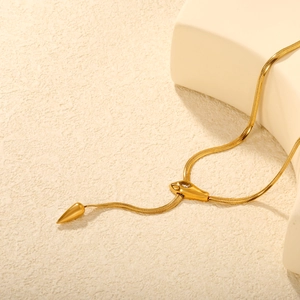 Snake Pendant Necklace 18K Gold Plated 304 Stainless Steel Zircon Inlaid Flat Snake Bone Chain Statement Jewelry For Women