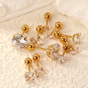 Round Cubic Zirconia Stud Earrings Stainless Steel Four Prong Screw Back Ball End Minimalist Piercing Jewelry For Women
