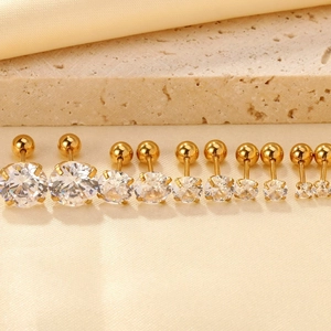 Set of 6 pairs gold-plated stainless steel stud earrings with round cubic zirconia