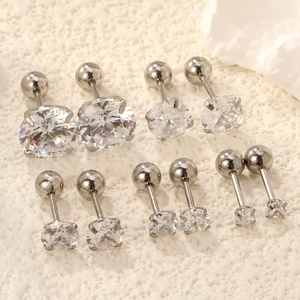Set of 5 minimalist four-prong white zircon stud earrings with screw back in stainless steel