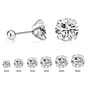 Detailed comparison of four-prong stud earrings in sizes 3mm to 8mm with ball screw backs
