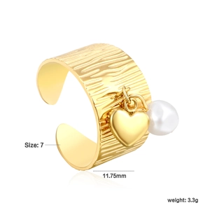 Detail view of 18K gold plated ring featuring heart charm, pearl, and size dimensions