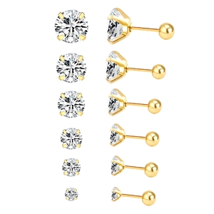 Set of six gold stainless steel stud earrings with four-prong set cubic zirconia