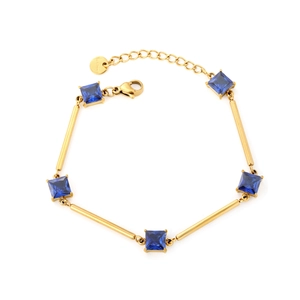 Bracelet en acier inoxydable doré avec cinq gemmes bleues carrées et fermoir mousqueton