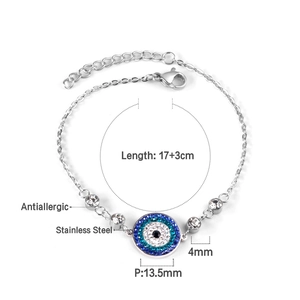 Detailed view of evil eye bracelet showing 17+3cm length and 13.5mm blue pendant size